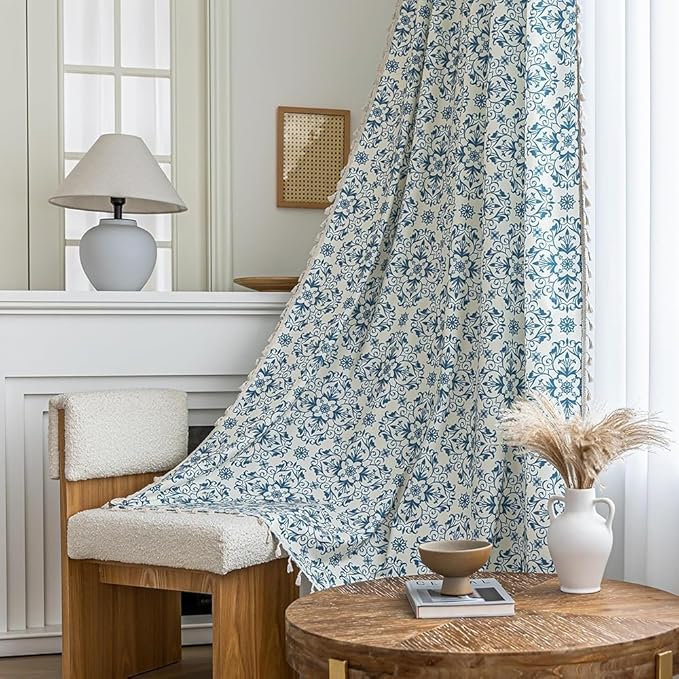 Boho Floral Curtains French Country Farmhouse Curtains 102 Inches Long Light Filtering Window Rod Pocket Drapes for Living Room 2 Panels-Blue Floral