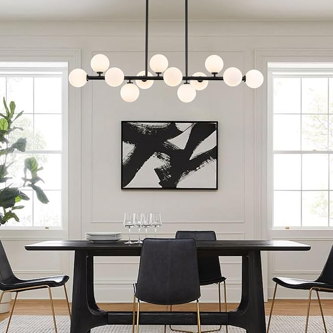 50 Inch Large Globe Sputnik Chandelier, 12-Light Mid Century Modern Light Fixture Over Table, Black Linear Chandeliers for Dining Room Kitchen Island Living (Milk White Glass Bubble Shades)