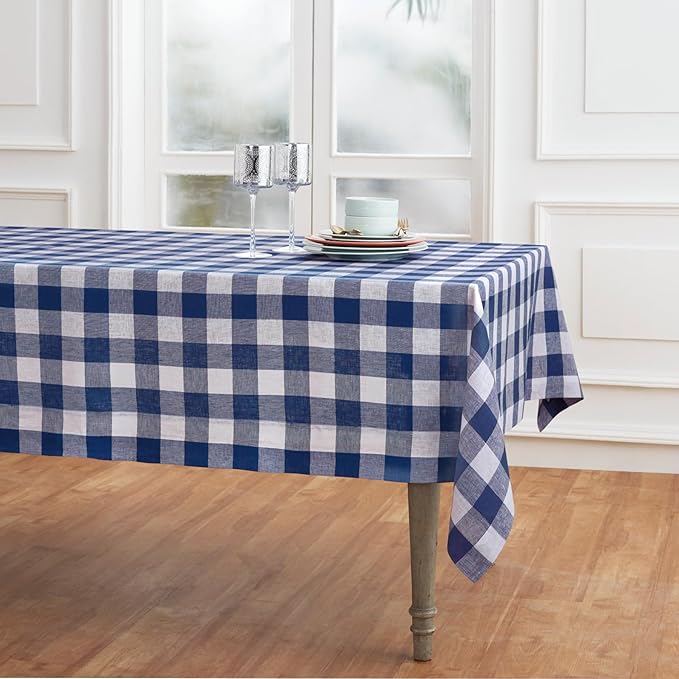 Solino Home Linen Checkered Tablecloth 52 x 52 Inch - 100% Pure Linen Blue and White Buffalo Plaid Square Tablecloth - Machine Washable Table Throw