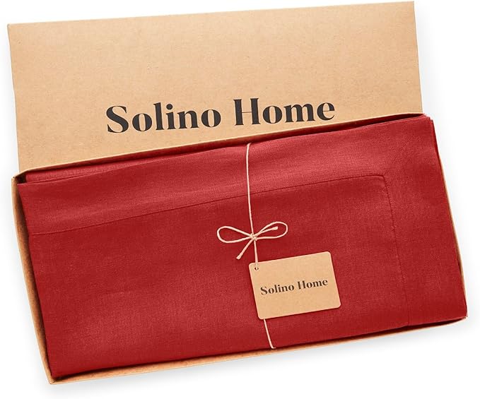 Solino Home Linen Red Tablecloth 60 x 120 Inch - 100% Pure Linen Rectangular Tablecloth - Machine Washable Table Cloth for Christmas, Holiday, Winter - Fete