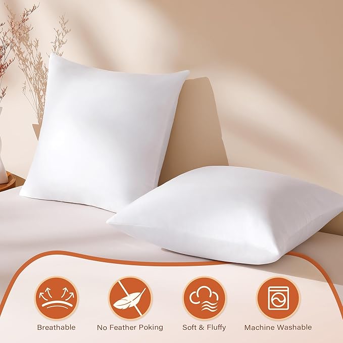 22x22 Feather Down Pillow Inserts Set of 2, Decorative Pillows with 100% Cotton Cover, Throw Pillow for Bed, Couch and Sofa.