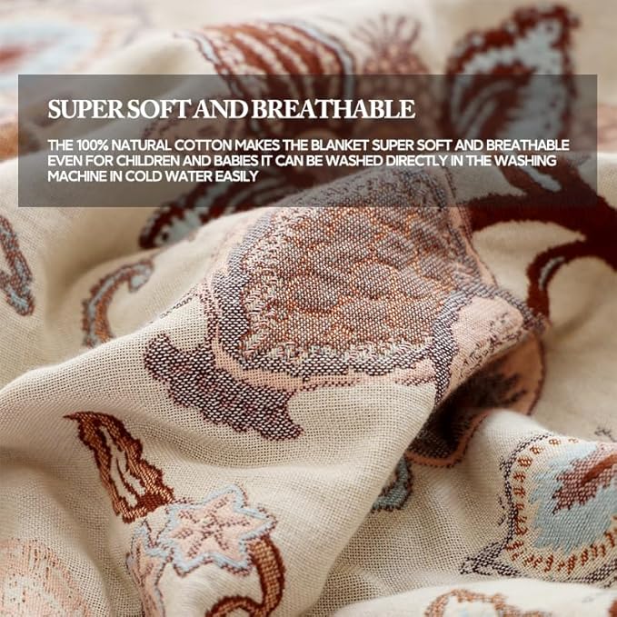 Boho Throw Blanket, 100% Cotton Ultra Soft Luxury Throw Rustic Quilt, Muslin Breathable Soft Bed Throw ，All Throw for Sofa Couch Chair 80×90 Inch