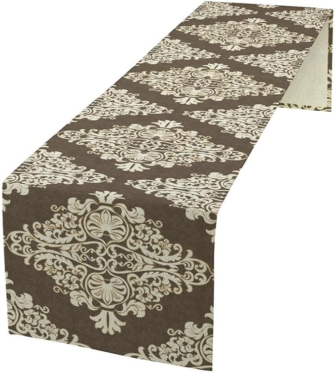 Damask Floral Pattern Table Runner,Brown Beige Distinctive Farmhouse Table Runner for Kitchen Family Dinner Table Holiday Party Farmhouse 13x36in