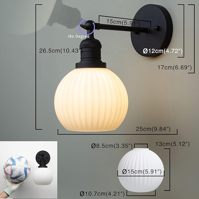 PERMO Vintage Wall Sconce Adjustable Black Sconce Globe Vanity Wall Light with Milk White Glass Shade for Farmhouse Bedroom Living Room Loft