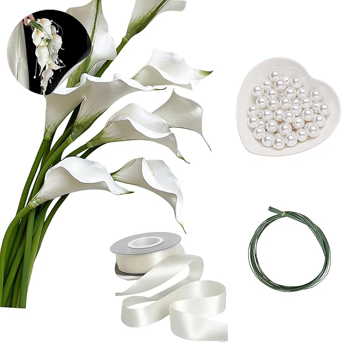 Bridal Bouquet:9 Stems White Calla Lily Pearl Bouquet EVA Real Touch-Wedding Bouquet for Bride/Bridesmaid (1, Material Kit)