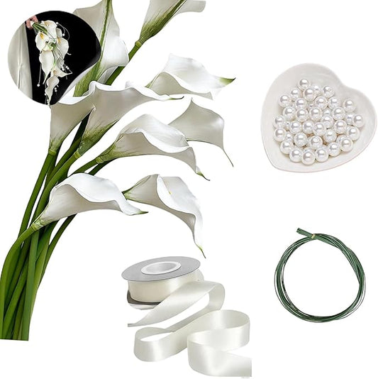 Bridal Bouquet:9 Stems White Calla Lily Pearl Bouquet EVA Real Touch-Wedding Bouquet for Bride/Bridesmaid (1, Material Kit)