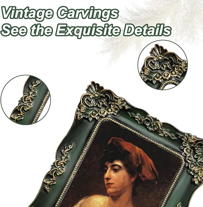 Green Picture Frame 4x6 Vintage Picture Frames Antique Ornate Baroque Victorian Handcrafted for Tabletop or Wall Display with Glass Front