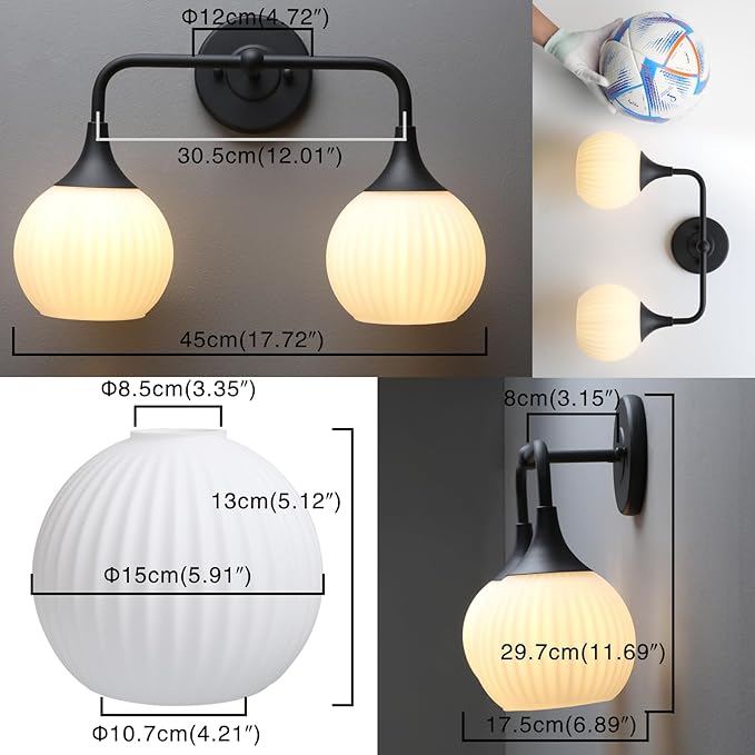 PERMO Double Sconce Black Vintage Vanity Light 2-Light Wall Sconces with White Ribbed Globe Glass Shade Hardwired Wall Light Fixture for Bathroom Mirror Cabinets Hallway Stairs