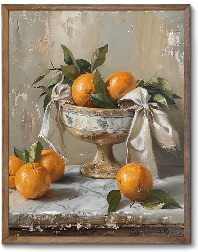 XOCUUI Farmhouse Still Life Picture Living Room - Rustic Vintage Decor for Bedroom - Tangerine Orange Fruit Moody Muted Oil Painting Art Deco Wall Art for Kitchen - 8x10inch Unframed