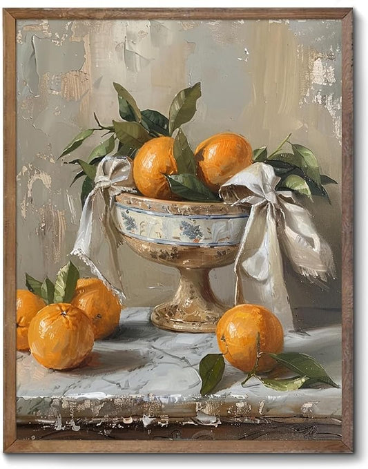 XOCUUI Farmhouse Still Life Picture Living Room - Rustic Vintage Decor for Bedroom - Tangerine Orange Fruit Moody Muted Oil Painting Art Deco Wall Art for Kitchen - 8x10inch Unframed
