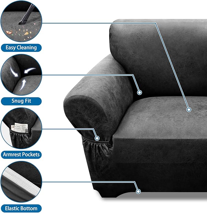 Single Sofa Cover Leather Look Chair Covers for Living Room 1-Piece Sofa Chair Covers with Arms Stretch Furniture Protector with Elastic Bottom & Pockets(Armchair, Dark Grey)