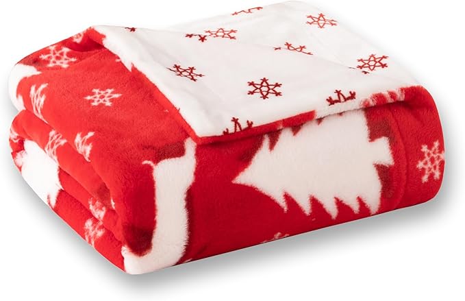 COOVA Christmas Faux Rabbit Fur & Flannel Throw Blanket 50x60 Inch - Festive Luxury Soft & Cozy, Perfect for Holiday Decor, Bed, Sofa, Couch, Elk Pattern,Red