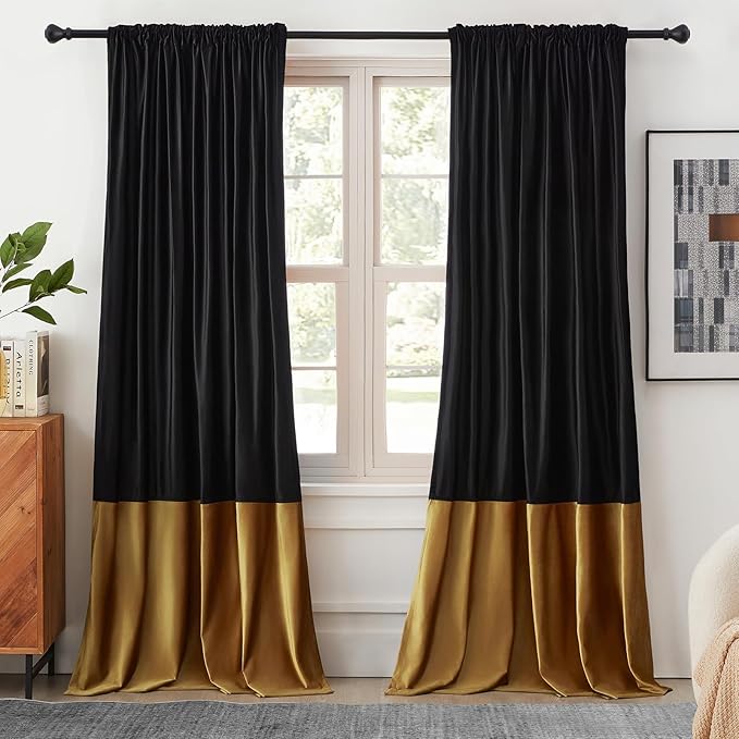 Velvet Curtains Black Gold for Living Room 102 inches Long,2 Panels Blackout Curtains Modern Color Block Back Tab Rod Pocket Soundproof Drapes for Bedroom Window Decor