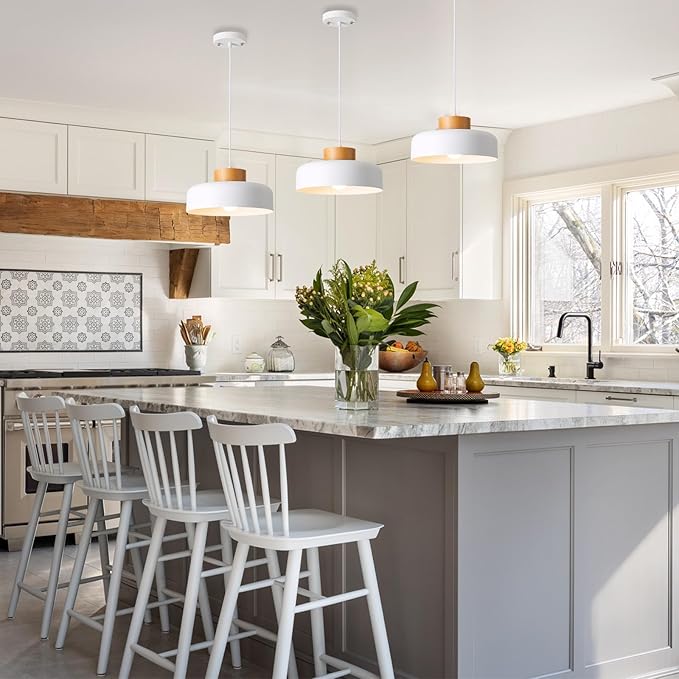 Modern Pendant Light,12.6 inch,Real Wood Cap,Small Pendant Lighting for Kitchen Island,Dining Room,Matte White