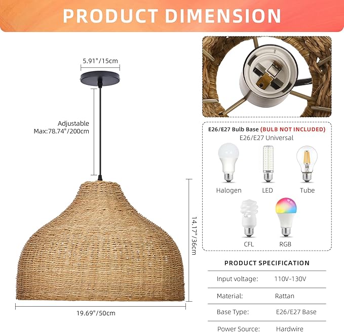 Arturesthome 19.56" Boho Chandelier Light Fixture for Kitchen,Woven Farmhouse Chandelier Ceiling Hanging Light for Living Room,Bedroom,Foyer