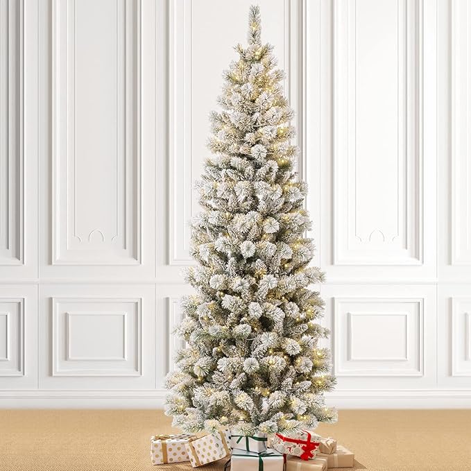 Glitzhome 7.5ft Prelit Christmas Tree, Flocked Artificial Christmas Tree, Pencil Christmas Tree Portland Snowy Pine with 300 Warm White/Multi-Color Lights, 9 Functional, Remote Controller