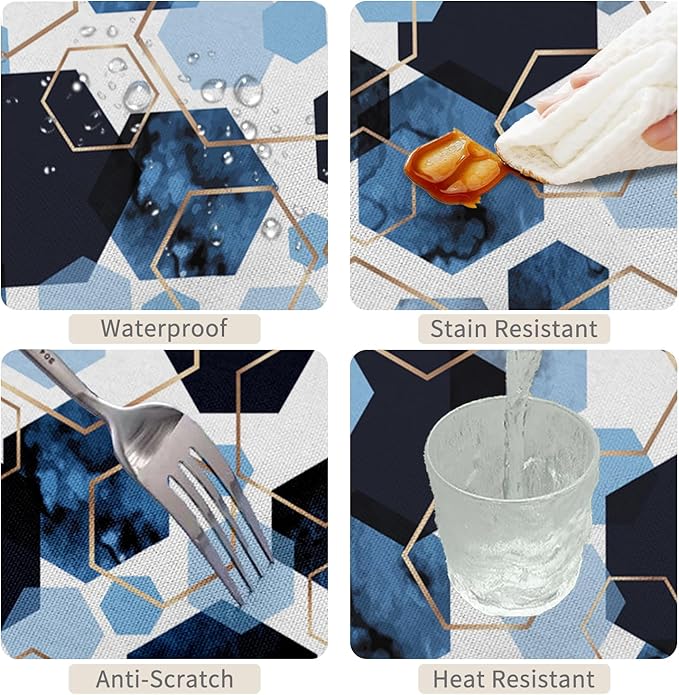 54x108inches Elegant Hexagons Tablecloth Blue White Gold Modern Geometric Abstract Art Fabric Table Cloth Marble Texture Waterproof Table Cover for Kitchen Dining Room Banquet Party Decor