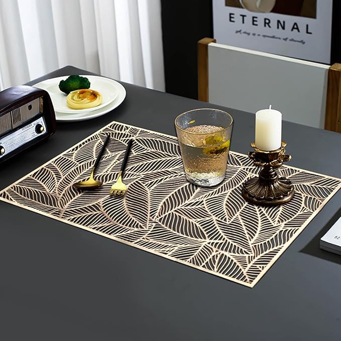 FAVE Gold Metallic Placemats Set of 4 Heat Resistant Vinyl Placemats Wipeable & Washable Table Mats Set of 4 Fall Placemats for Dining Tables Party Holiday Daily Home Decoration(P-Rectangle Leaf)