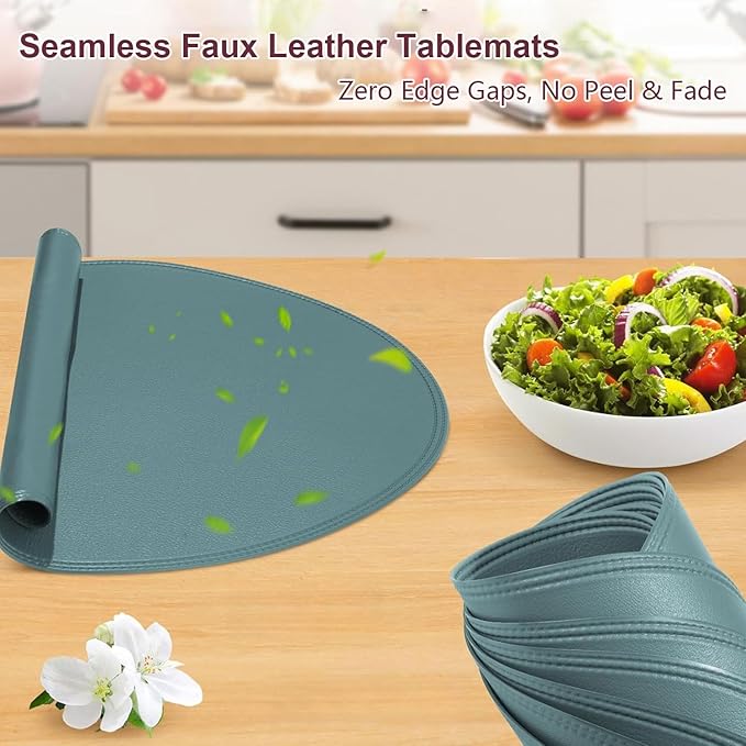 Round Vinyl Blue Placemats Set of 6, Faux Leather Waterproof Wipeable Heat Resistant Place Mats, Washable Table Mats for Halloween, Thanksgiving & Christmas Dinner(Light Blue)