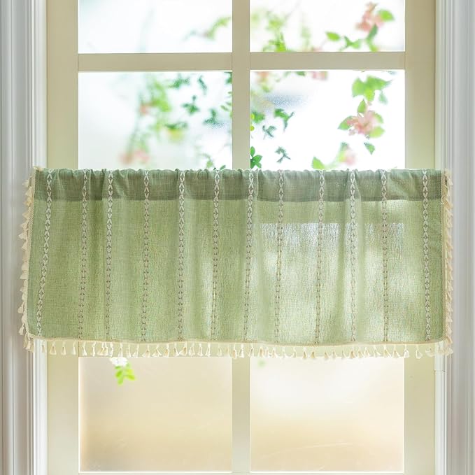 Sutuo Home Boho Short Valance Curtains with Tassles, Bohemian Linen Light Filtering Vintage French Country Christmas Window Treatment Embroidery Drape, Rod Pocket 1 Panel 52" W x 18" L, Sage Green