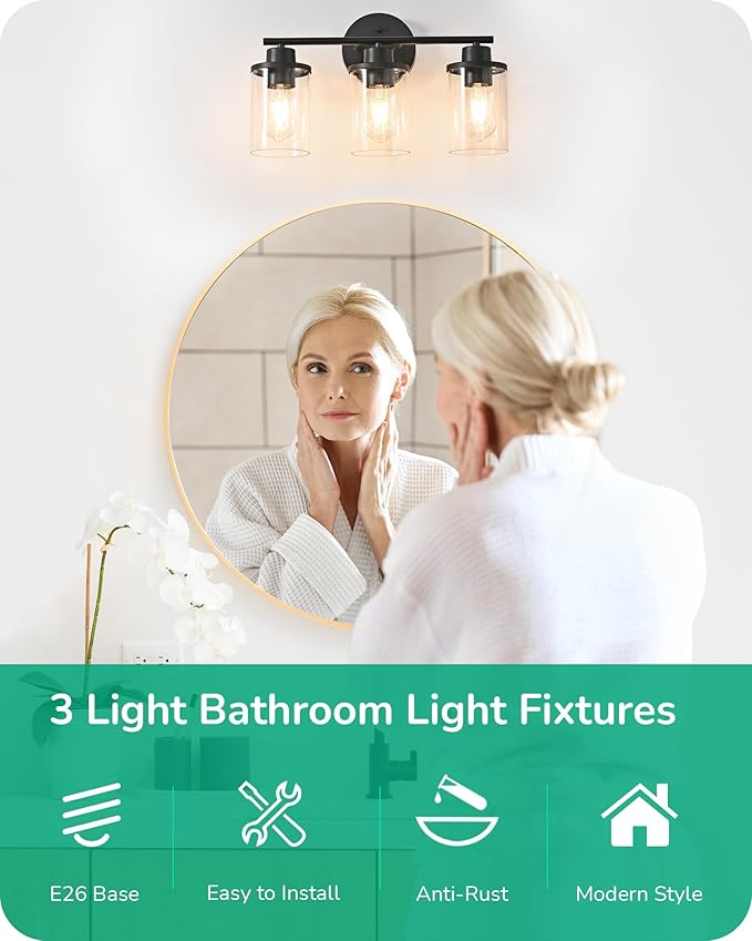 EDISHINE Bathroom Light Fixtures, 3 Light Bathroom Vanity Light, Matte Black Bathroom Lights Over Mirror with Clear Glass Shade for Bedroom Powder Room Vanity Table Kitchen (E26 Base)