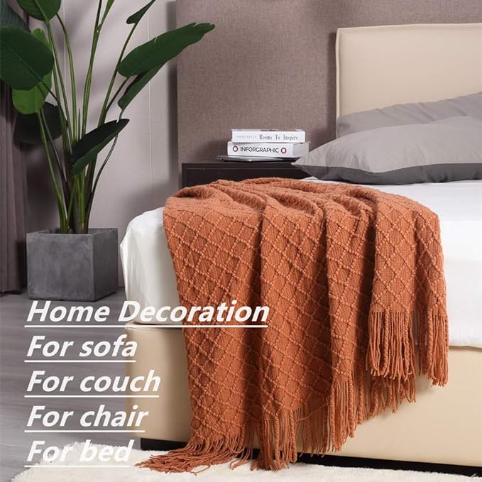 CREVENT Home Farmhouse Decor Rustic Couch Sofa Chair Bed Throw Blanket, Soft Warm Light Weight for Travelling in Spring Summer (50''X60'' Caramel/Rust Burnt Orange)