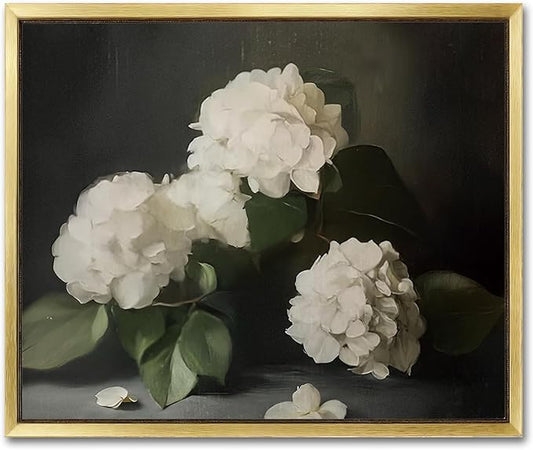 AIMAILON Vintage Gold Canvas Wall Art Framed Decor Classical Botanical Aesthetic Picture Blooming White Hydrangea Flowers Artwork Retro Light Boho Print Desktop Decoration 10x12