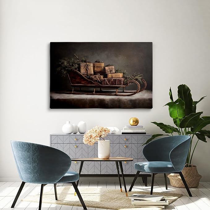 Rustic Christmas Sleigh Art Prints,Farmhouse Christmas Presents Print,Winter Holiday Artwork,Dark Christmas Cottage Poster,Vintage Sleigh Painting