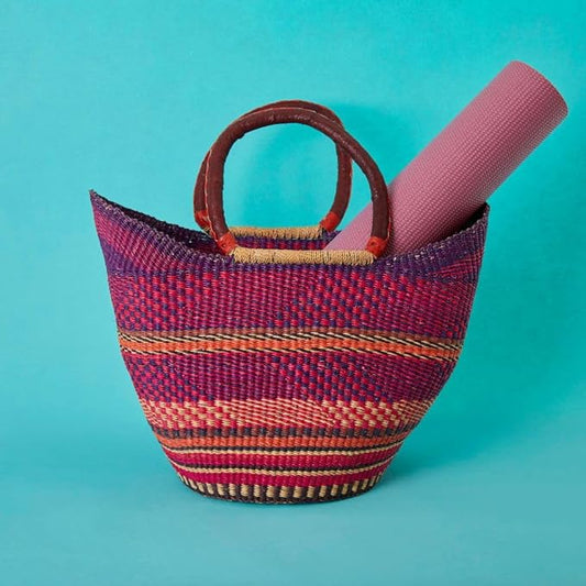 Purple Pink Picnic Basket, Reusable Grocery Bag, Kitchen & Dining Storage, Countertop Fruits Holder, Farmers Market, Beach, Harvesting, Foraging, Decorative, Wicker, Woven, Boho Style
