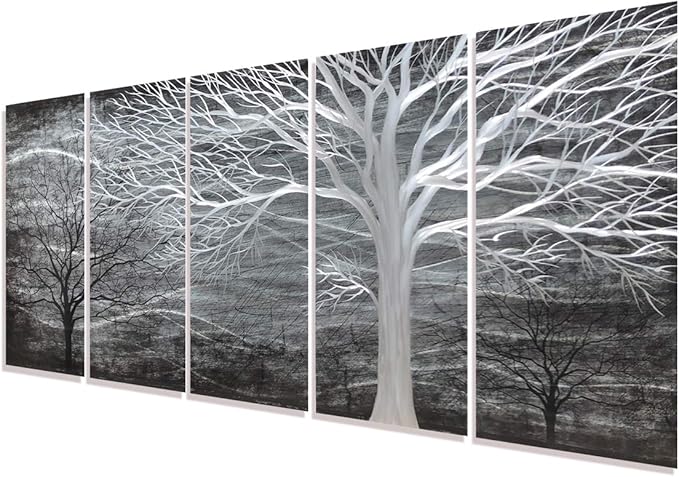 RICHSPACE ARTS Black and Silver Metal Wall Art 3d Abstract Modern Tree Decor Large Sculptures for Bedroom Dinning Room Decoration Contemporary Forest Sculpture Artwork Set of 5 Panels