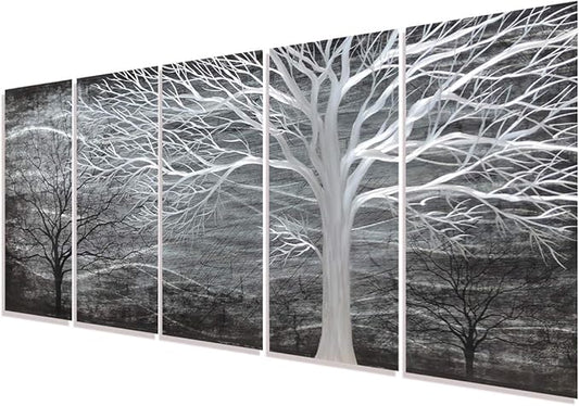 RICHSPACE ARTS Black and Silver Metal Wall Art 3d Abstract Modern Tree Decor Large Sculptures for Bedroom Dinning Room Decoration Contemporary Forest Sculpture Artwork Set of 5 Panels