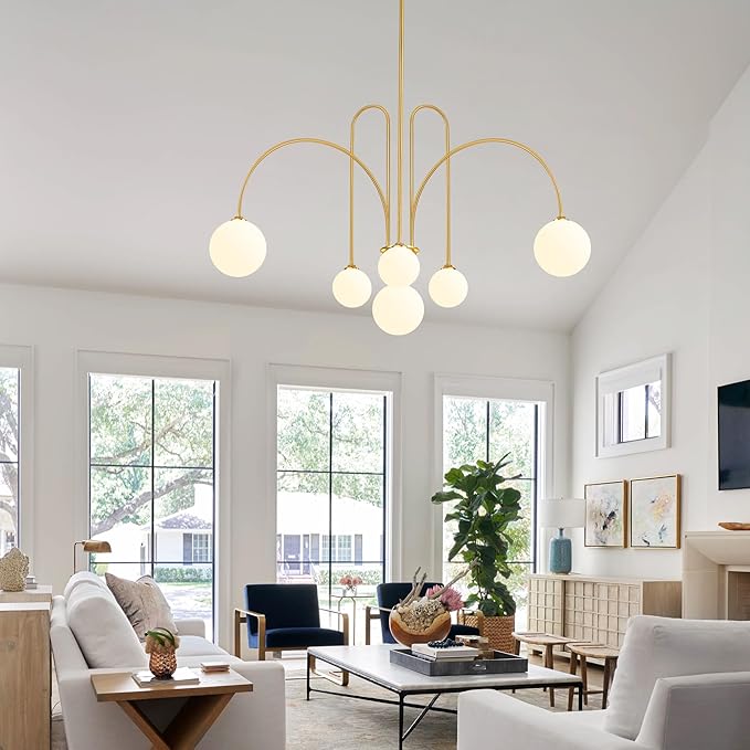 Gold Sputnik Chandelier,6 Lights Modern Chandelier for Dining Room Mid Century Chandelier Large L49” Ceiling Pendant Light Fixtures with Milk Glass Globe Shades for High Ceiling Foyer Living Room