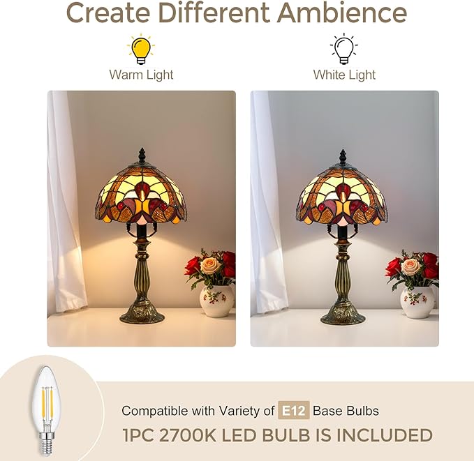 Tiffany Style Table Lamp - 8 Inch Baroque Stained Glass Lamp Vintage Desk Lamps with LED Bulb, Lamps for Night Stands Desk Light for Bedroom Living Room Home Office Ideal Gifts for Family Friends