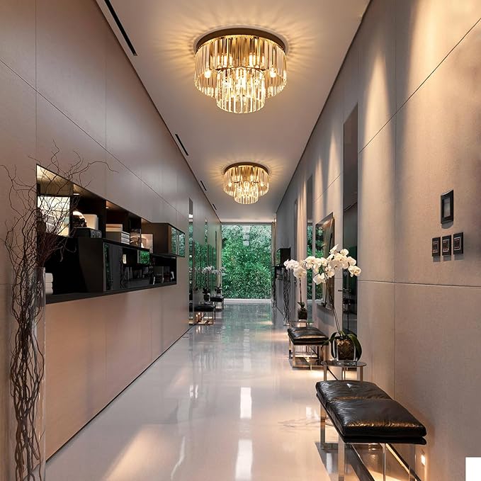 17" Black Crystal Ceiling Light 9-Light Modern Crystal Light Fixture 2-Tier Luxury K9 Crystal Ceiling Light,for Dining Room Kitchen Island Living Room Bedroom