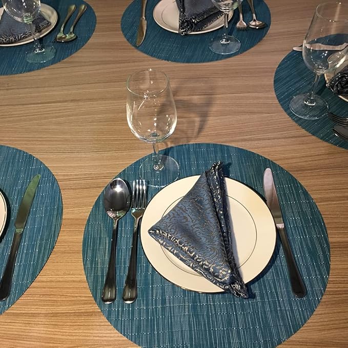 WAZAIGUR Round Placemats Set of 6 Woven Vinyl Easy to Clean Heat Resistant Kitchen Table Mats 15 Inch(Blue 6)