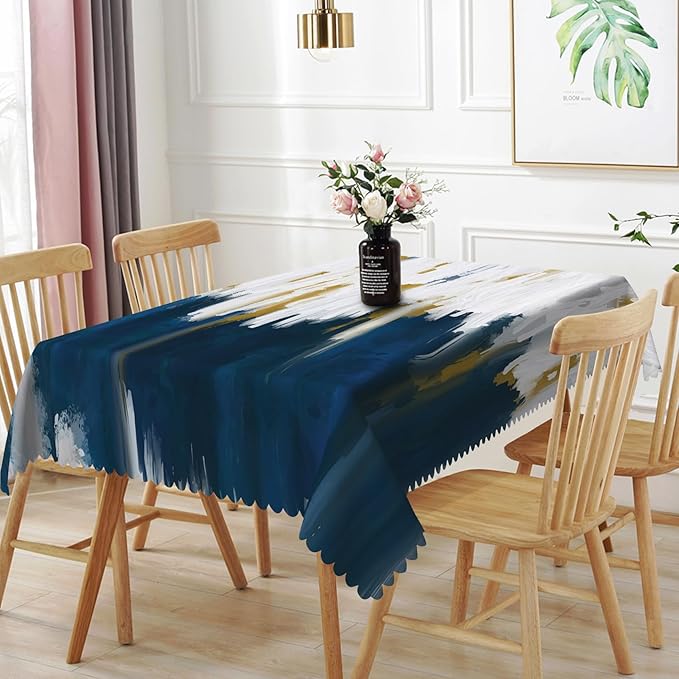 54x86inches Navy Blue White Tablecloth Abstract Brush Strokes Oil Painting Ombre Fabric Table Cloth Waterproof and Stain Resistant Rectangle Table Cover for Kitchen Dining Room Home Decor