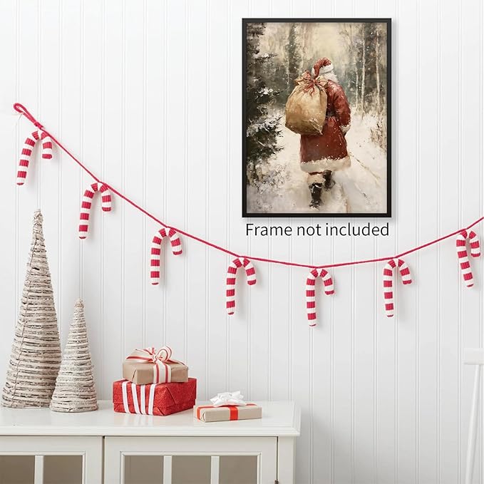 Santa Claus in Winter Forest Poster Vintage Christmas Holiday Canvas Wall Art Cozy Nature Christmas Tree Oil Painting Prints for Cottagecore Bedroom Wall Decor 08x10 inch Unframed
