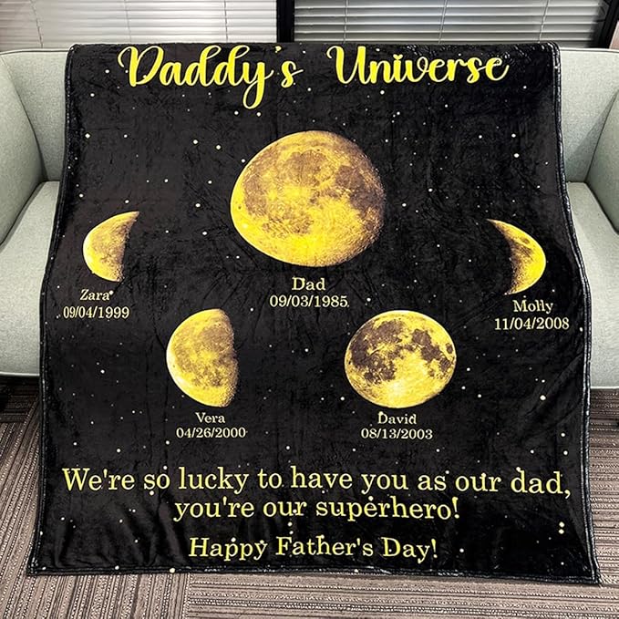 Personalized Moon Phase Blankets Family Name Moon Phase Blanket Custom Papa Night Sky Throw Blanket for Dad Grandpa Christmas Birthday Father's Day
