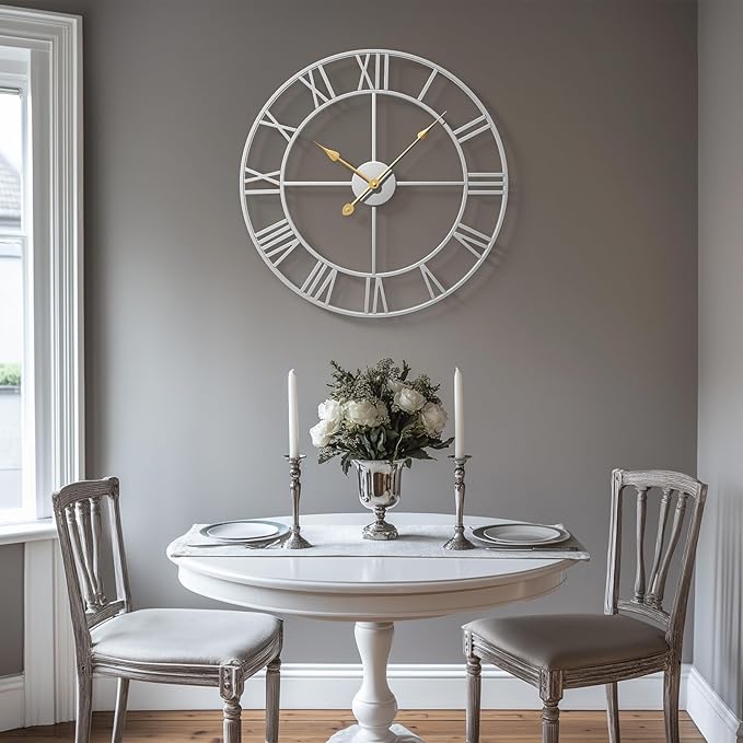 Large Wall Clock 20 Inch Silver Decorative Clock, Modern Metal Round Wall Clock Roman Numerals Battery-Operated Wall Clocks for Living Room Bedroom, Kitchen, Office