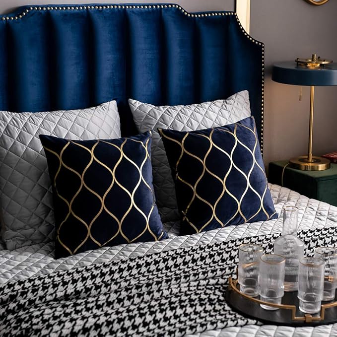 Gold Velvet Throw Pillow Covers Navy: 2 Pack 20x20 Inch Square Decorative Pillow Cases for Bedroom Sofa Couch Living Room