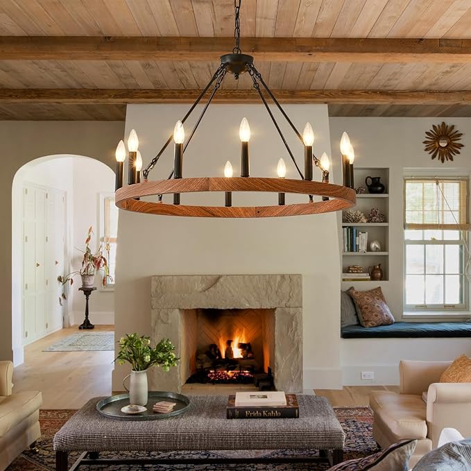 Wagon Wheel Chandelier 32" with Wood Grain Finish, 12-Light Farmhouse Dining Room Light Fixture, Modern Round Iron High Ceiling Chandeliers for Living Room, Foyer, Entryway, E12