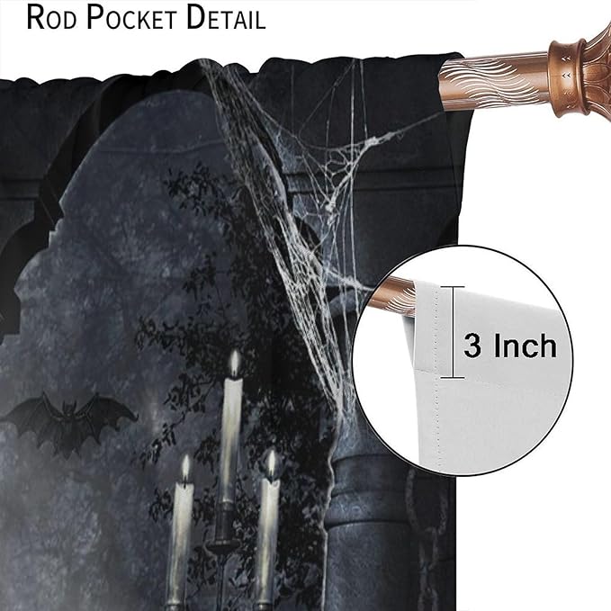 Gothic Mid Century Skeleton Blackout Curtains, Vintage Castle Skull Candlesticks Halloween Horror Spider Web Window Drapes, for Living Room Bedroom 36(W)*63(L) 2 Panels