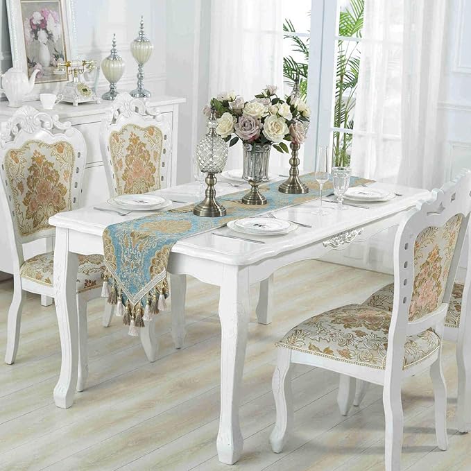 Embroidery Luxury Table Runner Jacquard Fabric Table Runner with Multi-Tassels for Dining Room Dresser Wedding Party Decorations, 13" x 98", Blue
