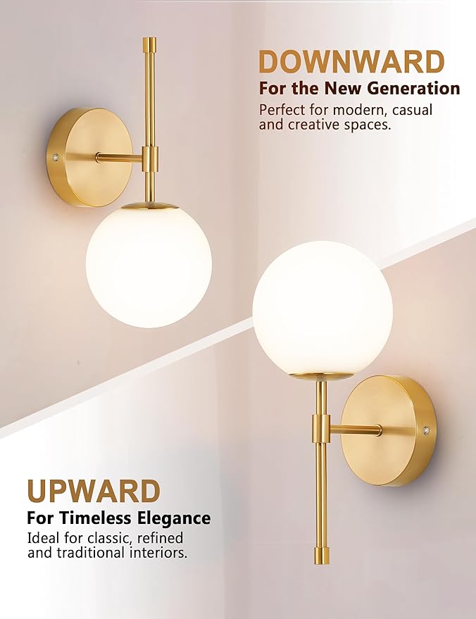 Battery Operated Globe Wall Sconces Set of 2, Brushed Gold Wireless Wall Lights with Remote Control, Rechargeable 3 Color Stepless Dimming Modern Wall Decor Lamp for Bedroom Living Room Hallway