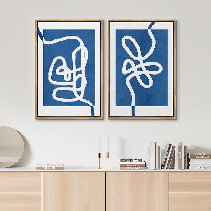 SIGNWIN Framed Wall Art Print Set White Line Contrasting Blue Backround Abstract Swirly Digital Art Modern Art Mid-Century Modern Expressive for Living Room, Bedroom, Office - 24"x36"x2 Panels
