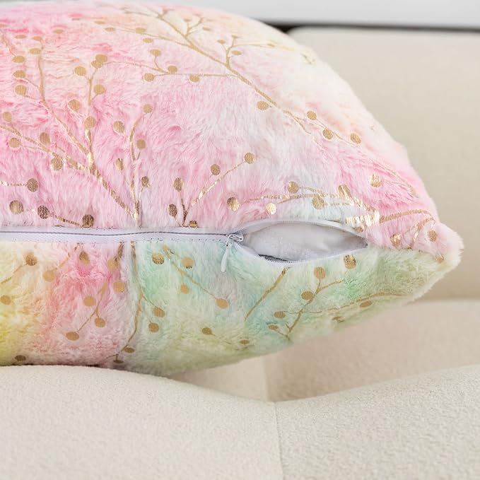 LIGICKY Set of 2 Rainbow Pillow Covers Fluffy Tie Dye Fur with Gold Branches Glitter Throw Pillows Decorative Pink Blue Soft Furry Sparkling Square Cushion Cases for Girl Room Couch Décor 18x18inch