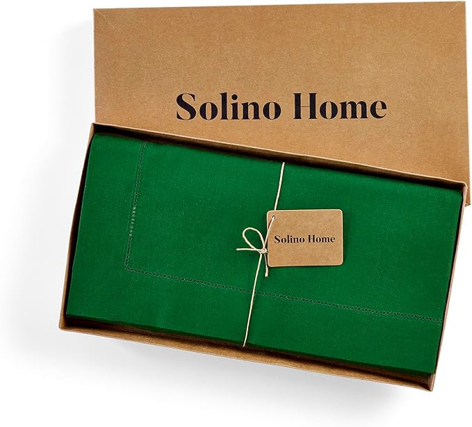 Solino Home Linen Tablecloth 52 x 52 Inch - 100% Pure Linen Garden Green Square Tablecloth - Classic Hemstitch, Machine Washable Table Throw for Christmas, Winter