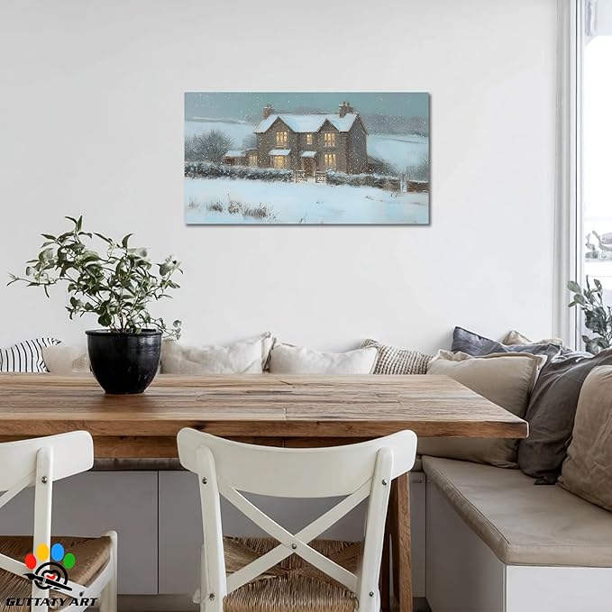 GUTTATY Christmas Winter Canvas Wall Art, Cozy House Snow Scene Canvas Painting, Christmas Winter Landscape Poster for Living Room, Office Decor, Gift for Family, 16x8 Inch