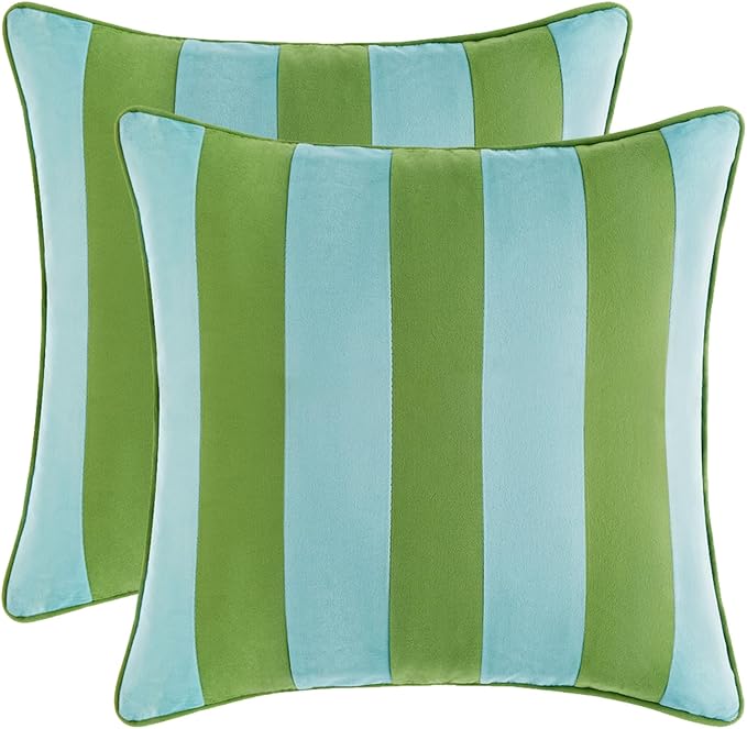MONDAY MOOSE Decorative Throw Pillow Covers Cushion Cases, Set of 2 Soft Velvet Striped Piping Edge Designs, Pillow Inserts Not Included (Light Green/Light Blue, 18x18 inch)
