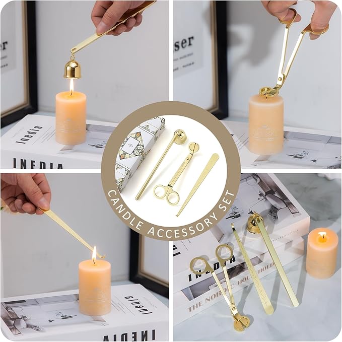 Gold Taper Candle Holders, Candlestick Holders, Candle Holders with 3 in 1 Candle Accessory Set, Metal Candle Stand for Mantle Table Centerpiece, Weddings, Dining, Housewarming(Set of 6)